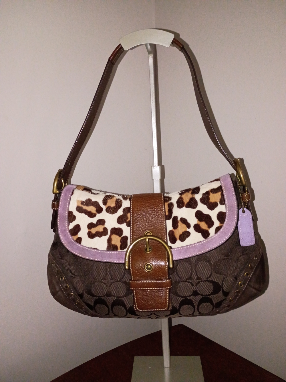 Coach Soho Ocelot Print Lilac Trim Large Shoulder Bag